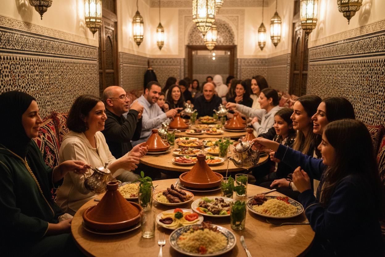 Cena tradicional marroquí en grupo