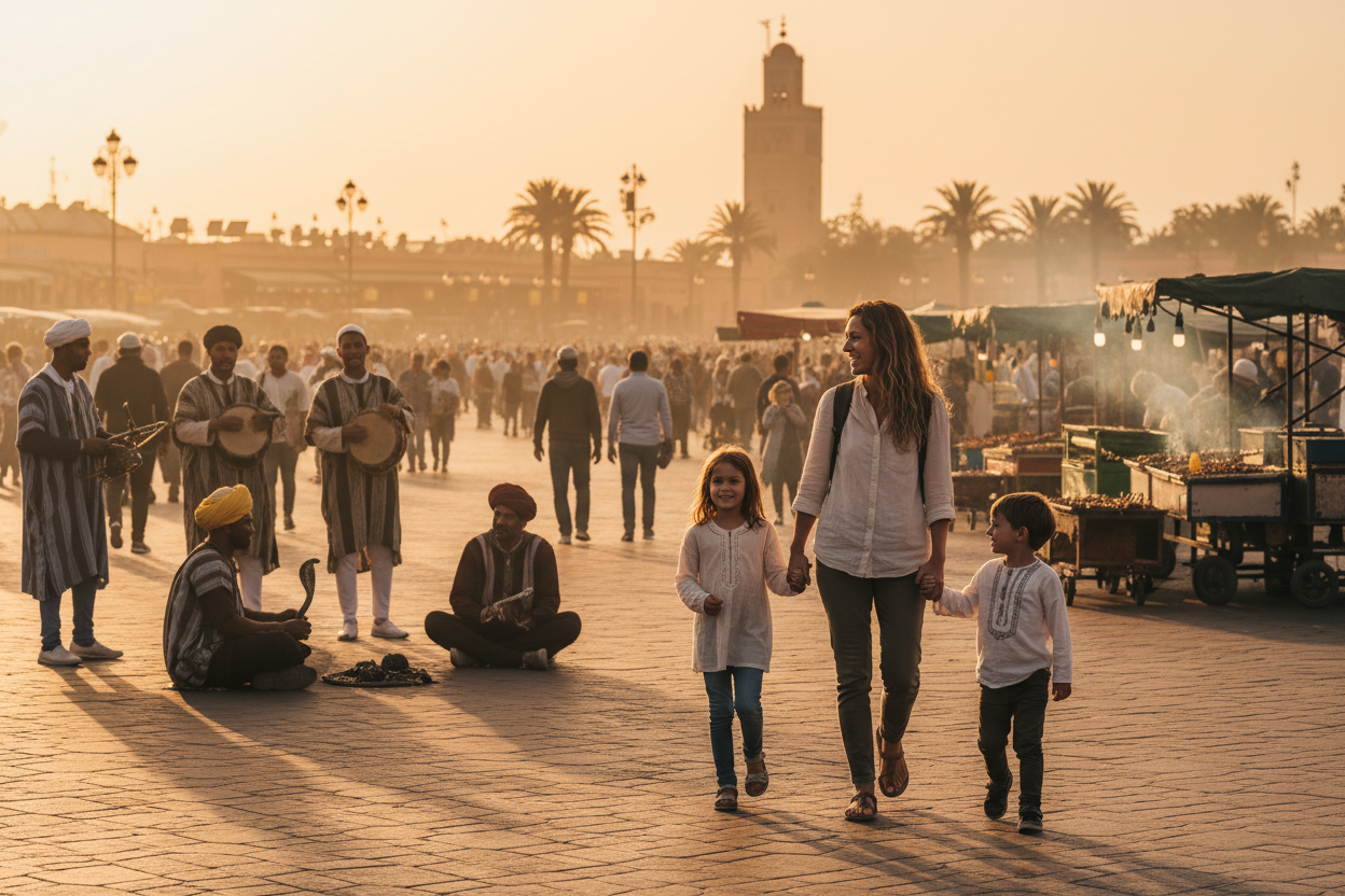 Familia en plaza Jemaa el-Fna al atardecer