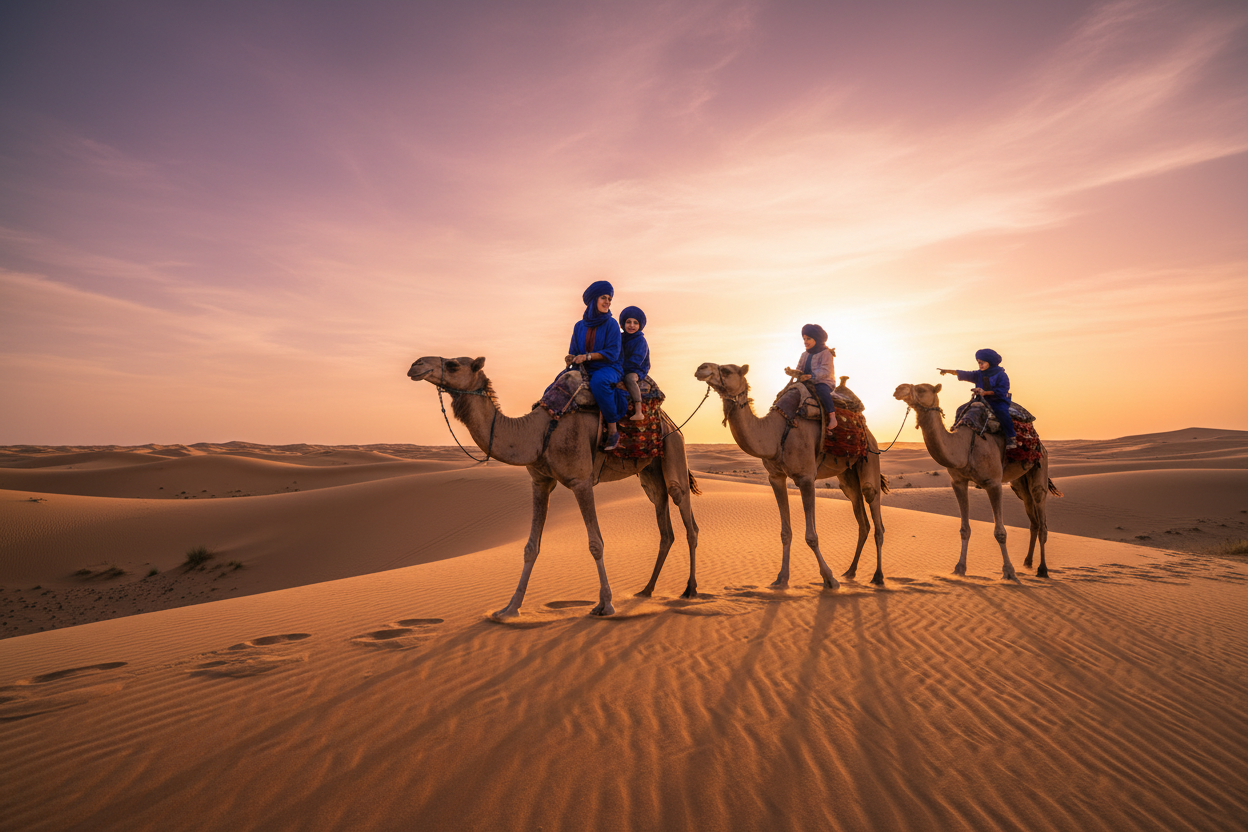Familia en dromedarios en el desierto
