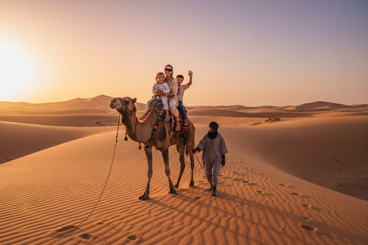 Familia monoparental en camello en el desierto