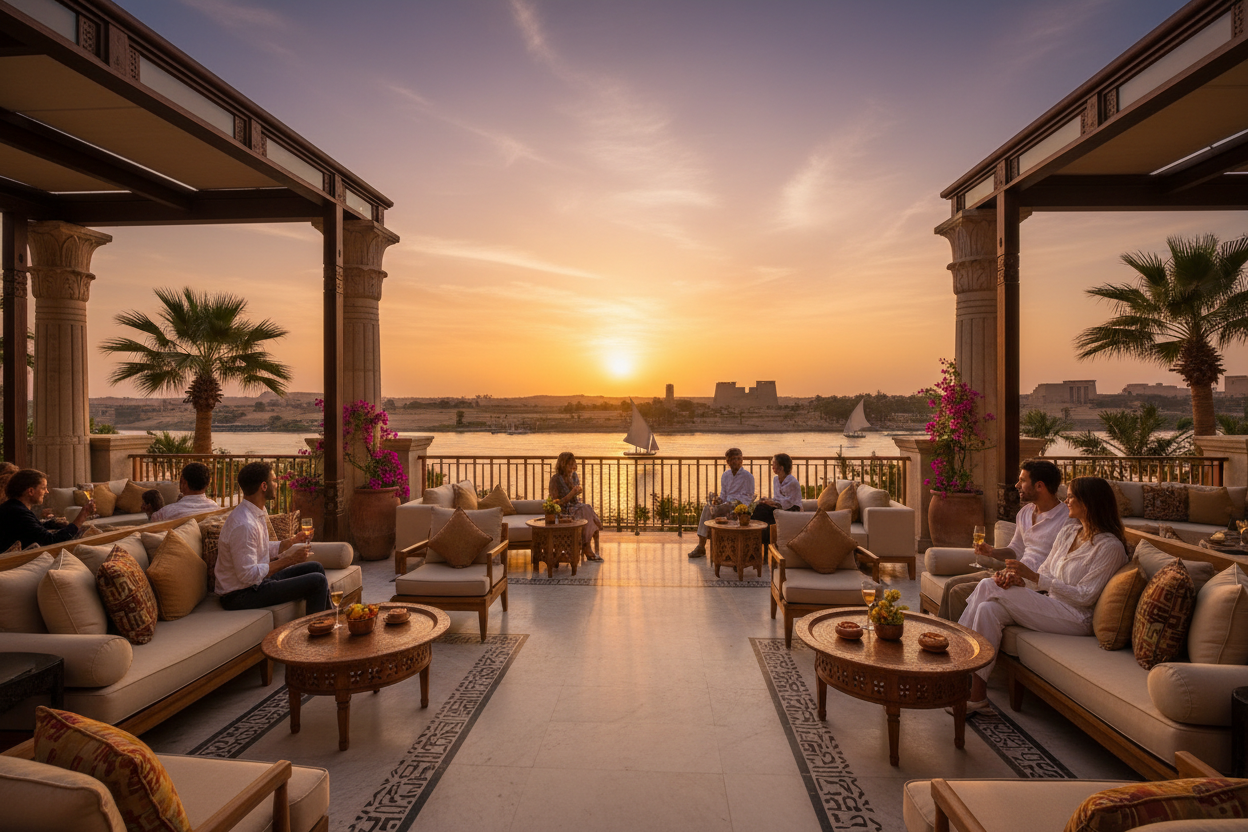 Hotel elegante en Egipto con vista al Nilo
