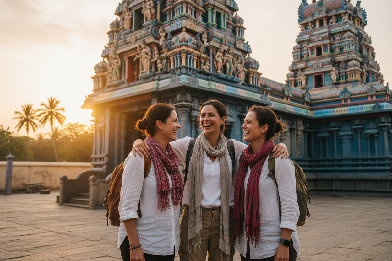 Viajeras sonriendo frente a templo indio