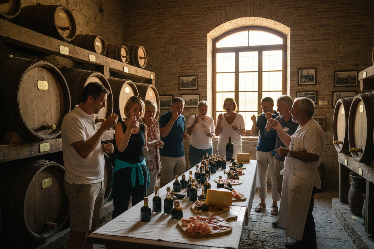 Cata de vinagre balsámico tradicional en una acetaia de Módena