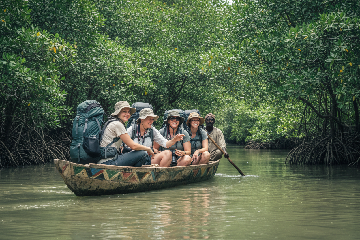 Mujeres en piragua por el río Casamance Senegal