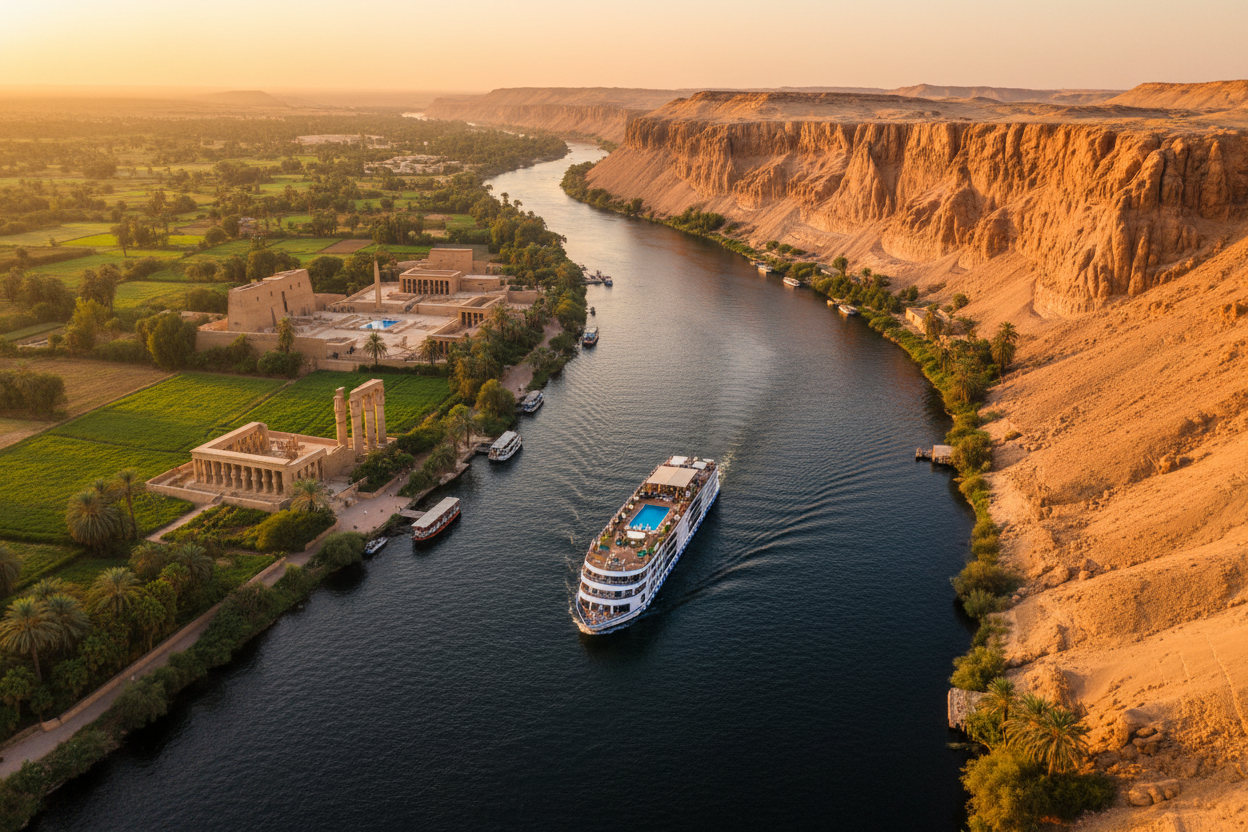 Crucero de lujo navegando por el Nilo al atardecer con templos egipcios en la orilla
