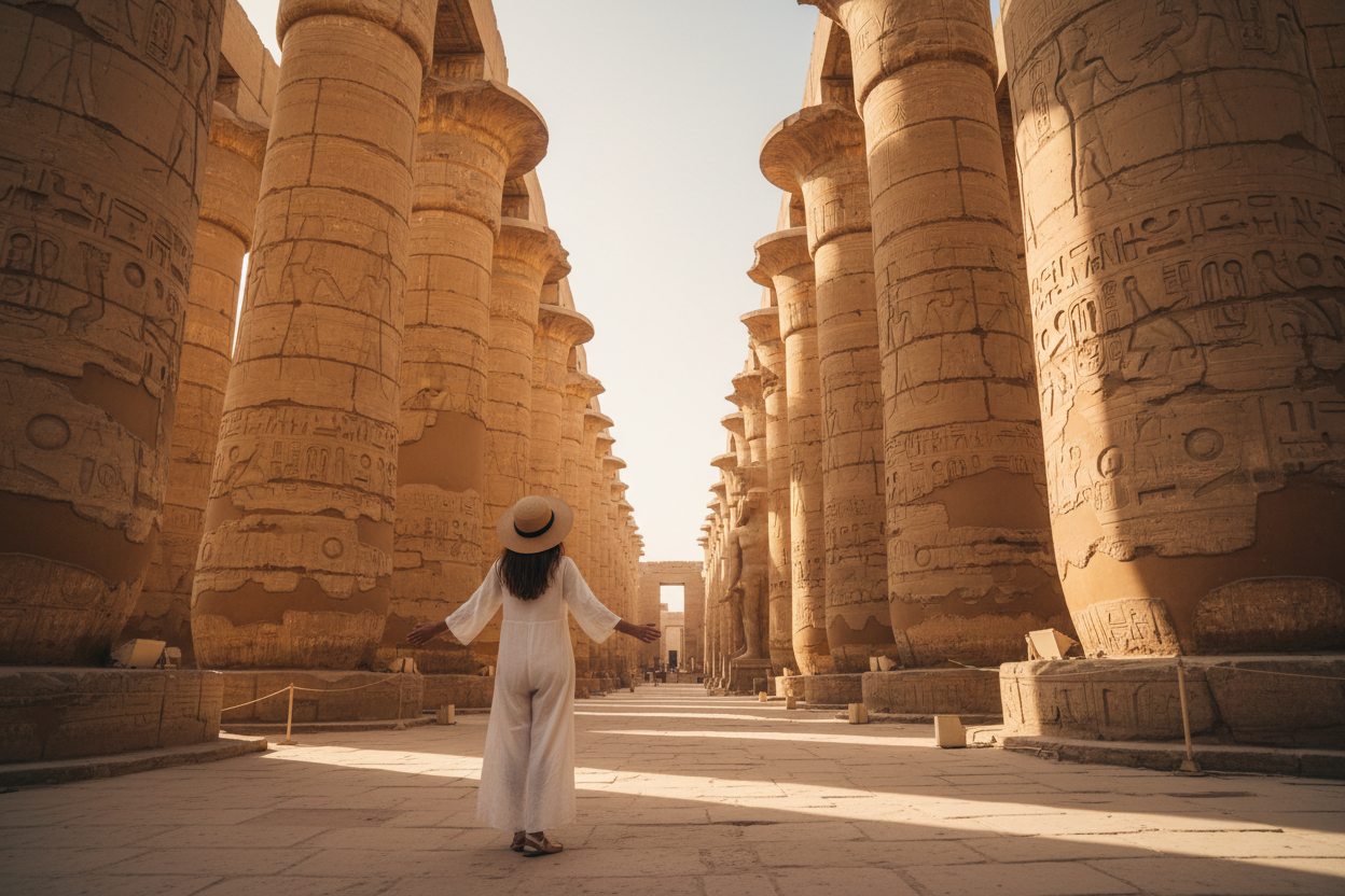 Viajero contemplando las columnas del Templo de Karnak en Luxor