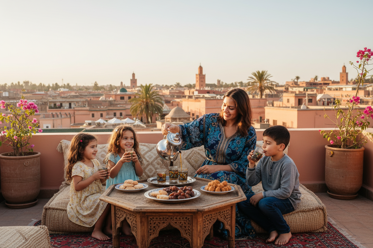 Familia tomando té en terraza de Marrakech