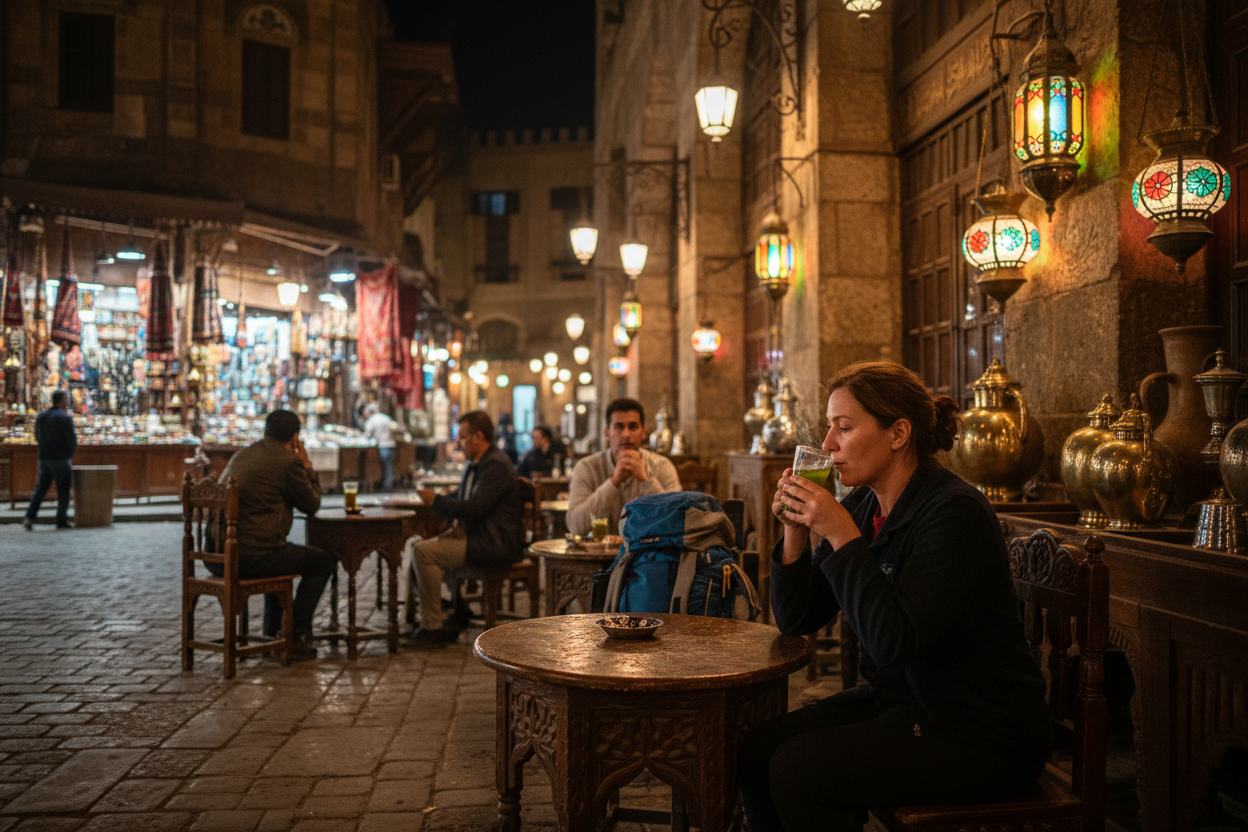 Noche en el Gran Bazar de Khan el-Khalili en El Cairo con viajeros tomando té