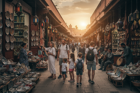 Viajeros europeos explorando Marrakech al atardecer