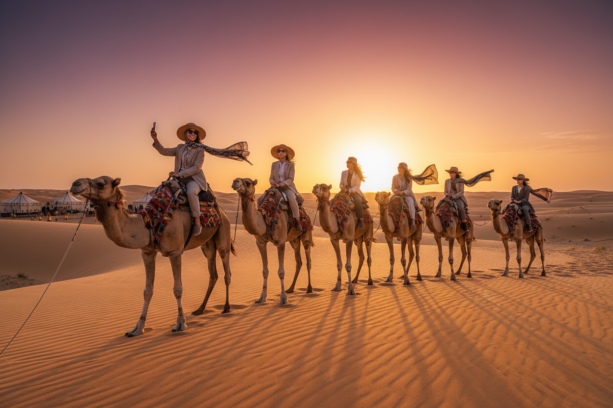 Mujeres viajeras en camello al atardecer en el Sahara de Marruecos