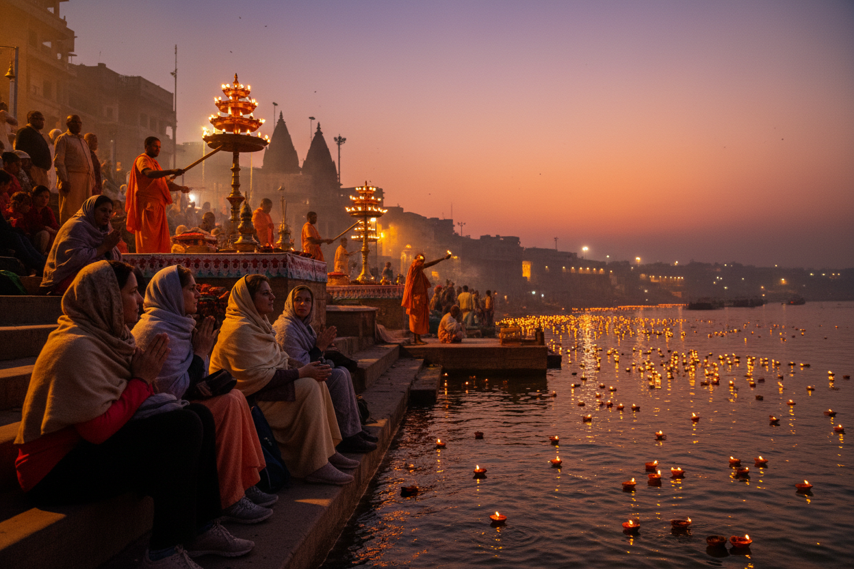 Mujeres en la ceremonia Aarti del Ganges en Varanasi