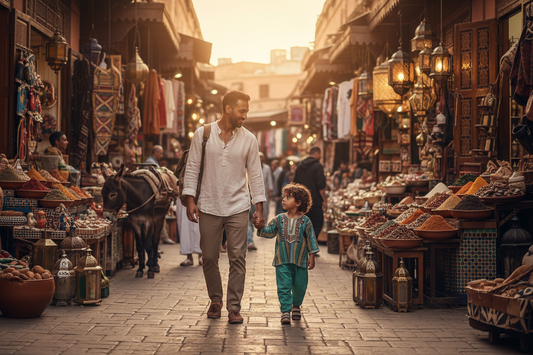 Padre e hijo en los zocos de Marrakech