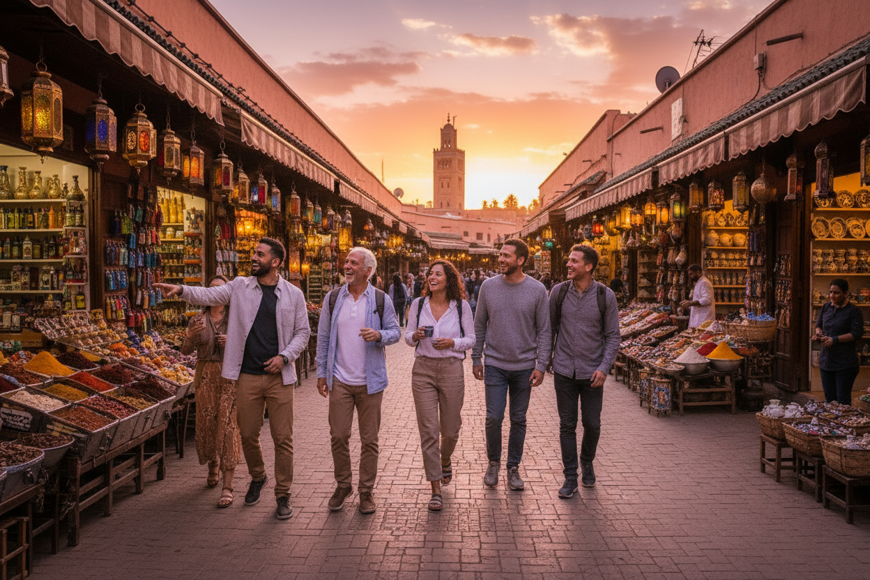 Viajeros caminando y riendo por la medina de Marrakech